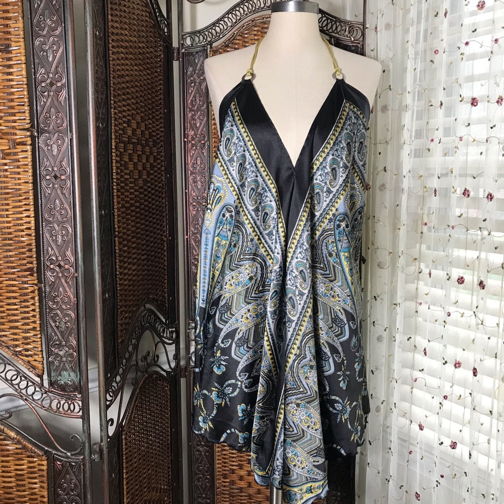 Silky Paisley Halter Tunic Top in Black and Blue